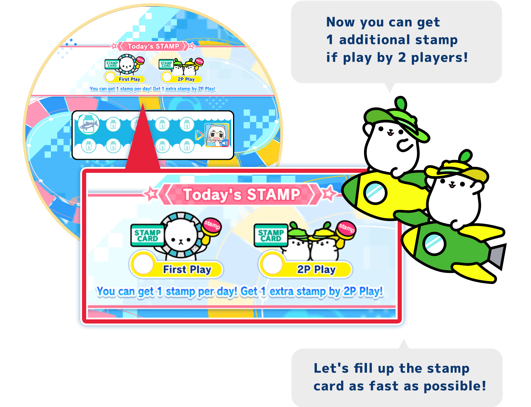 Now you can get 1 additional stamp if play by 2 players
          Let's fill up the stamp card as fast as possible!